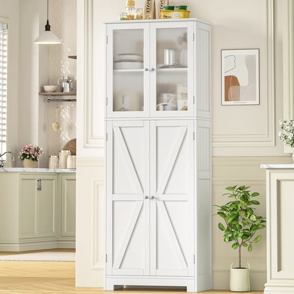 Homfa 67" Kitchen Pantry with Glass Door, Freestanding Cupboard Storage Cabinet for Small Space, White