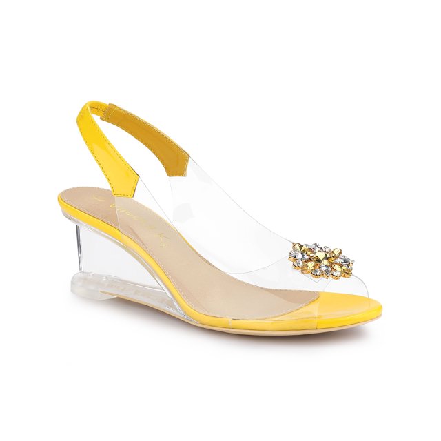 BLISSFUL STEP Chaussures pour Femmes Talons Compensés Transparents à Strass Bout Ouvert Slingback Chaussures Transparentes Jaune 6