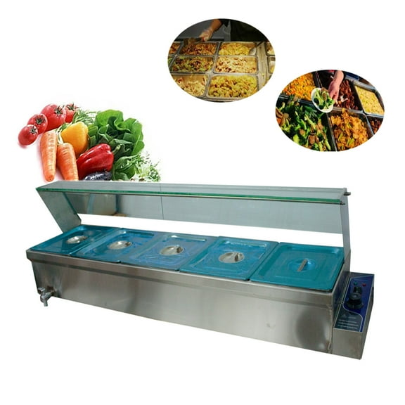 TECHTONGDA Buffet Food Warmer Stainless Steel Bain Marie Buffet Countertop 5 Pan Electric Steam Heater 6"Deep with Glass Shield