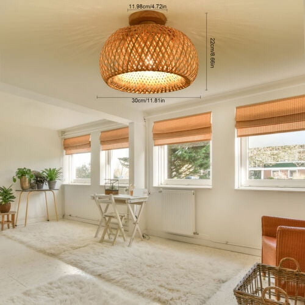 Vintage Bamboo Wicker Rattan Lantern Ceiling Light Fixture Semi Flush Mount Lamp