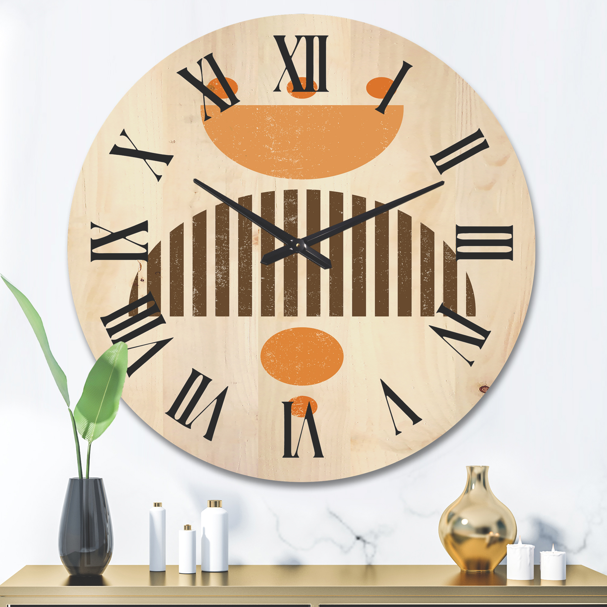 Designart 'Abstract Minimal Moon and Sun In Earth Tones II' Modern Wood Wall Clock