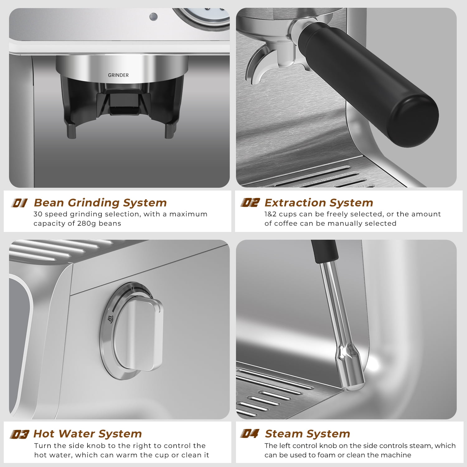 WAA 15 Bar Semi-Automatic Espresso Coffee Machine, 1&2-Cup, Silver