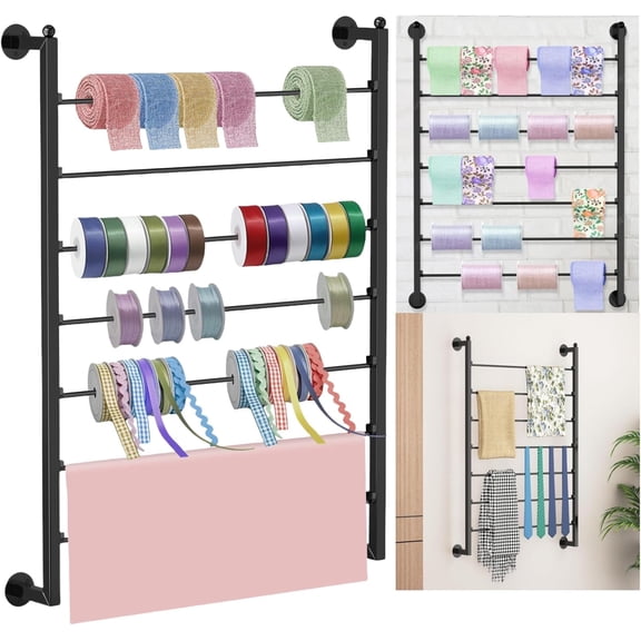 Qunbio 7 Tier Ribbon Storage Rack, Metal Wall Mounted Scarf Rack Spool Holder Organizer for Craft Room, Flower Store, Cake Shop, Gift Wrapping Paper