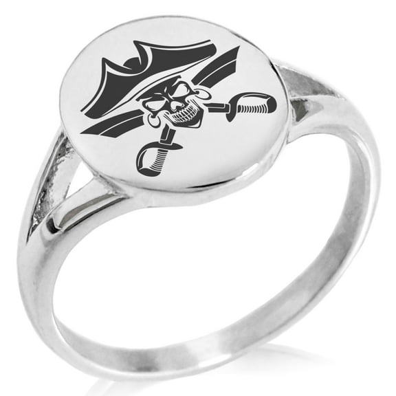 Stainless Steel Jolly Roger Skull Pirates Cross Swords Minimalist Oval Top Polished Statement Signet Ring