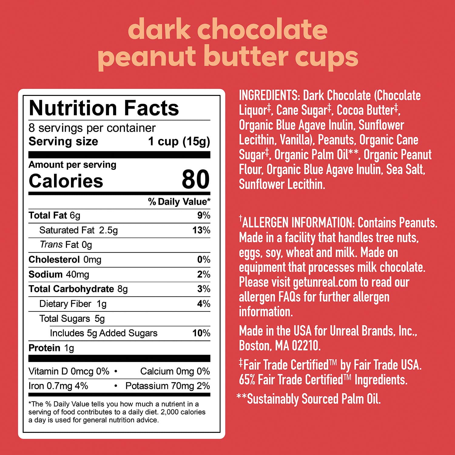 Unreal Peanut Butter Cups Vegan Dark Chocolate 4.2 oz Pack of 2