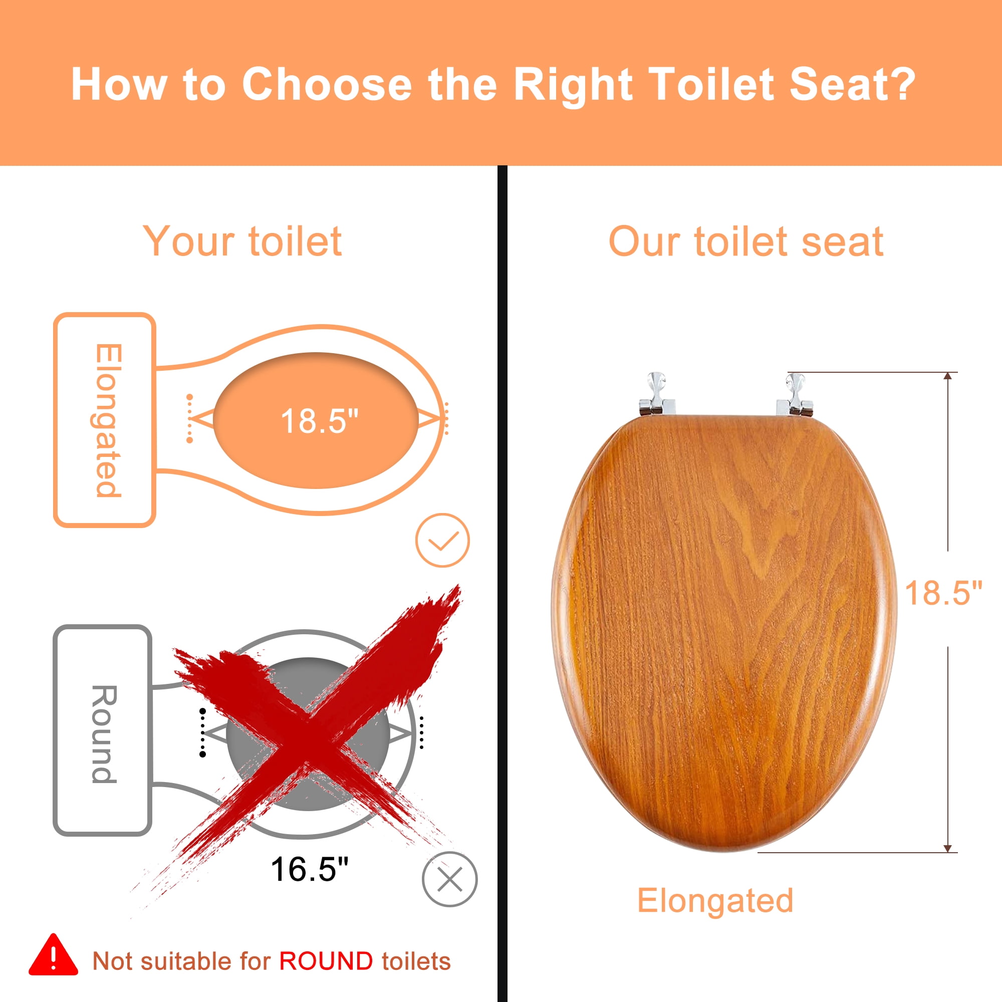 Angol Shiold Wood Elongated Toilet Seat, Easy Clean, Metal Hinges（Elongated 18.5'', Warm Brown）