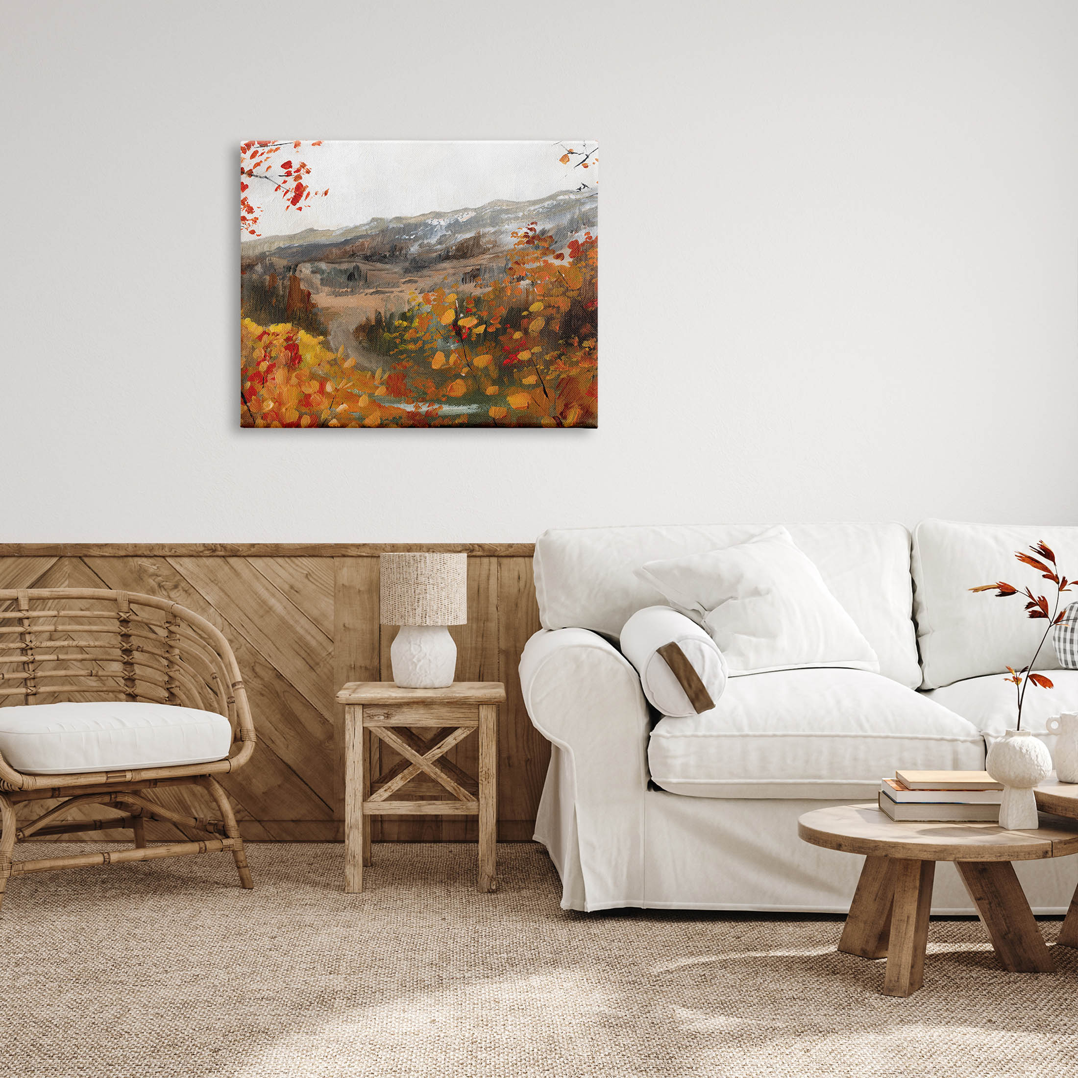 Autumn Foliage Mountain Scene Landscape Painting Gallery Wrapped Canvas Print Wall Art
