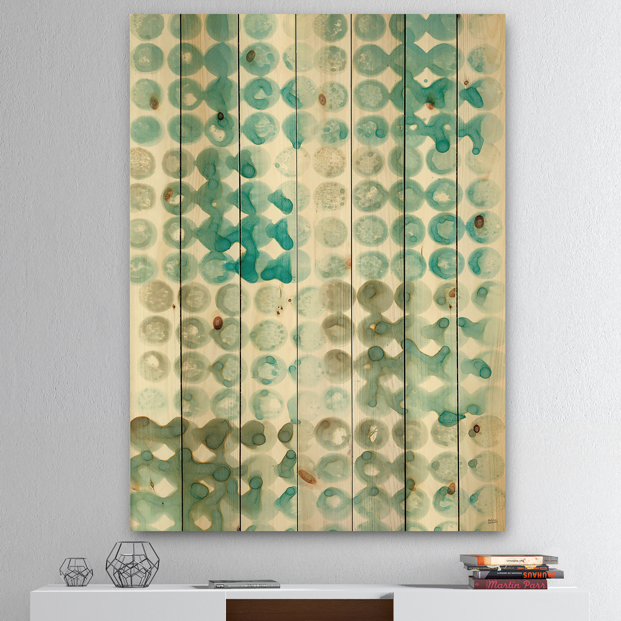 Designart 'Turquoise Watercolor Geometrical Pattern V' Modern & Transitional Print on Natural Pine Wood