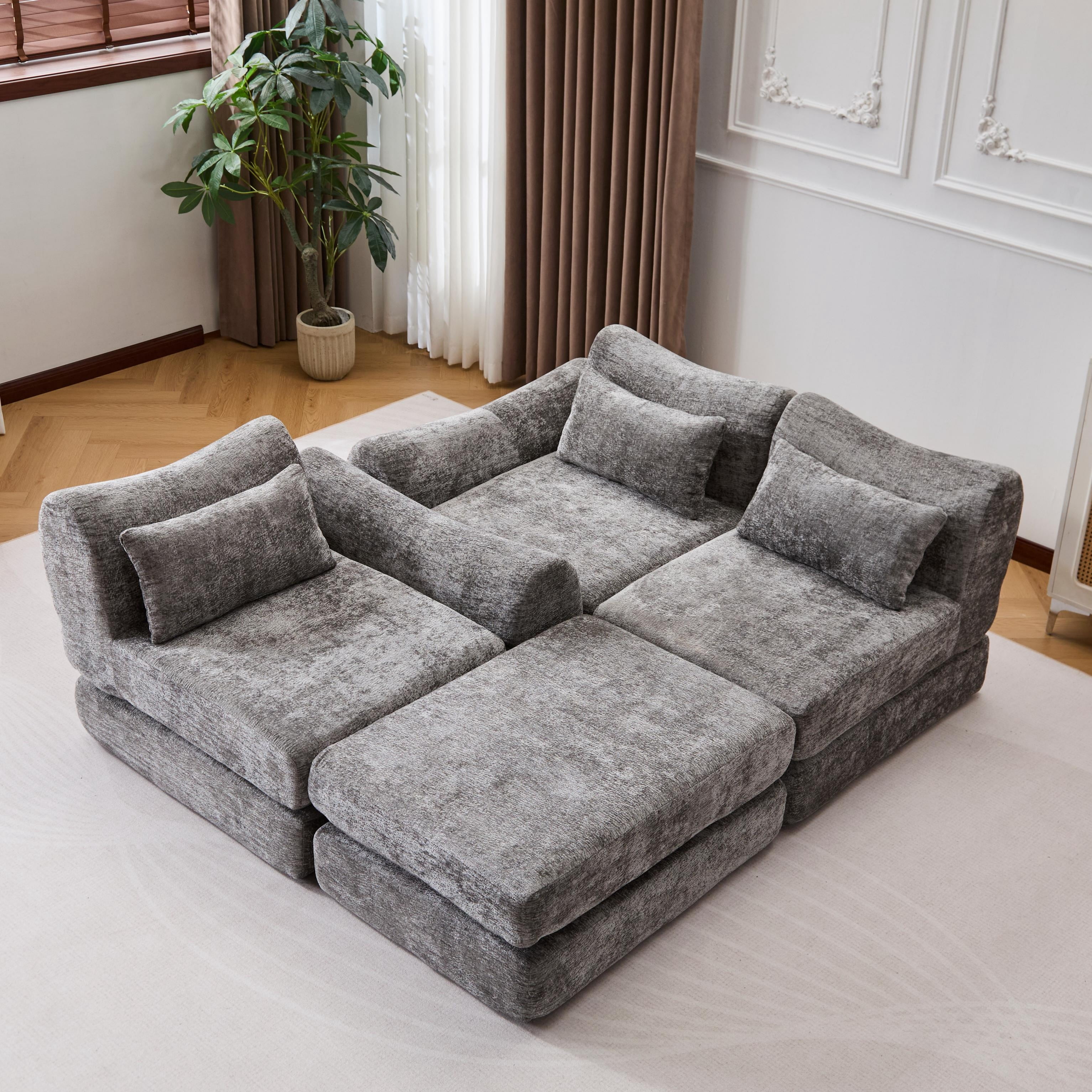 BSHTI Foldable Wave Star Modular Sofa, Chenille Fabric, 4-in-1 Modern Couch for Living Room, Modular Sectional Sofa with Chaise, Free Combination 3 Seater Sofa, Grey