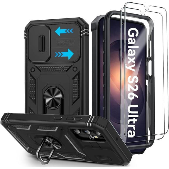 Military Grade Phone Case compatible with Samsung Galaxy S26 Ultra 5G 2026, Shockproof Protective Cover with Kickstand, Camera Cover, 2 Screen Protectors