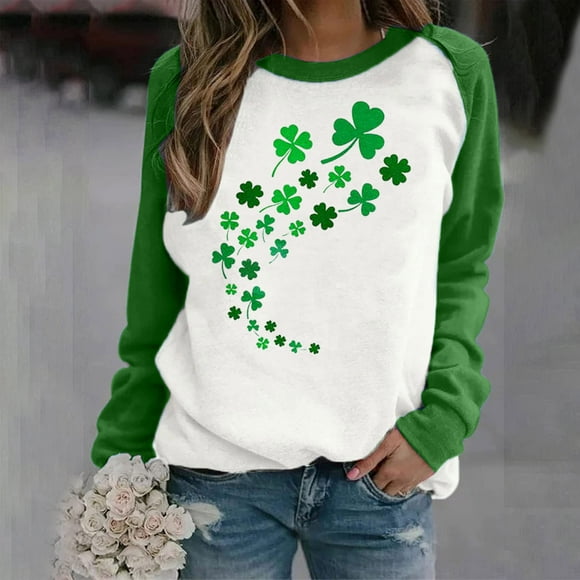 St. Patrick'S Day Shirt Ladies Saint Patrick's Day Printed Round Neck Long Sleeved T-shirt Loose Top St. Patrick'S Day Shirt