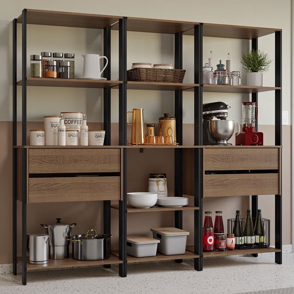 Madesa Kitchen Pantry Storage Rack with 4 Drawers and Open Shelves 78"L Multiuse Modular Cabinet for Kitchen Organization - Black/Brown