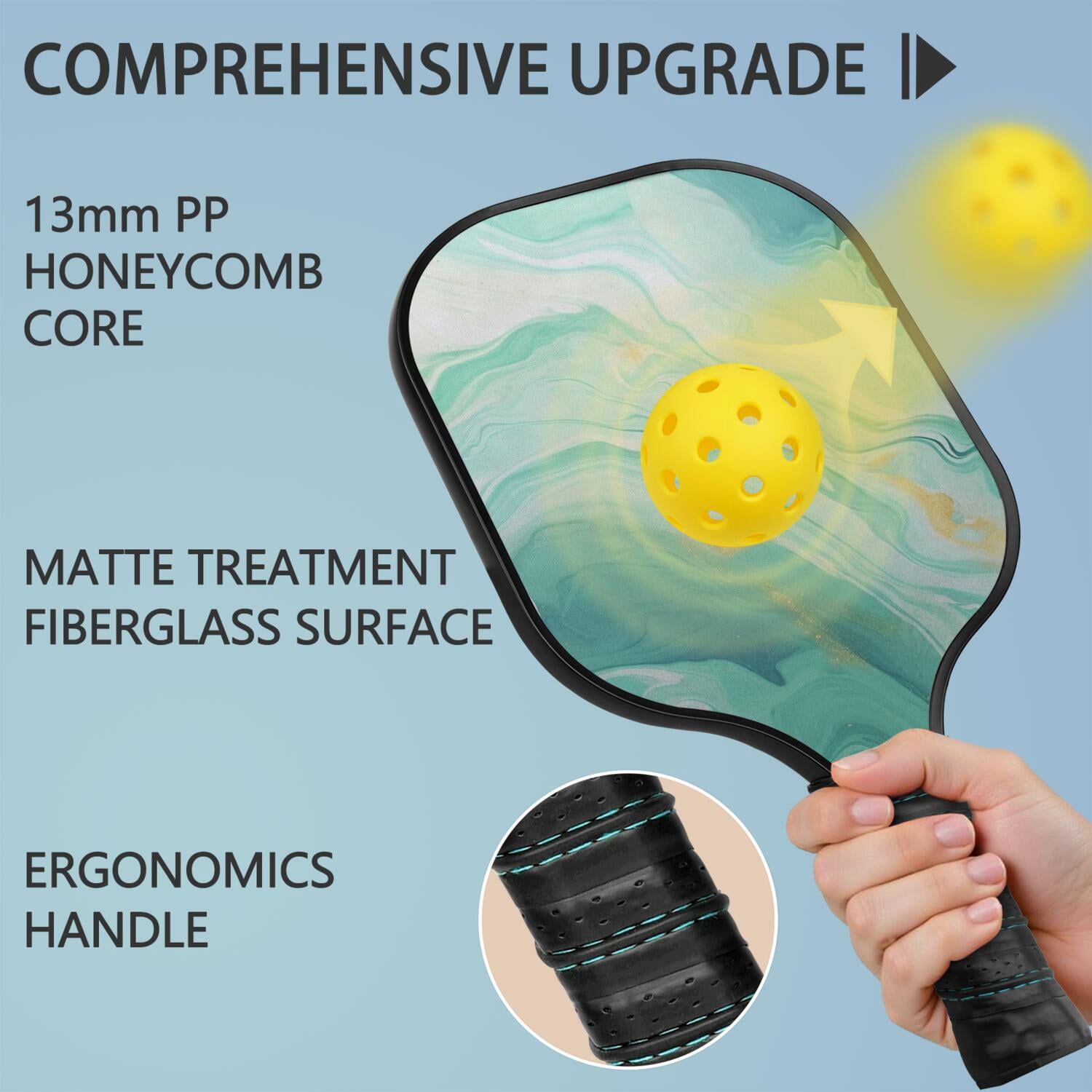 Pickleball Paddles Set Of 1, Fiberglass Surface, Turquoise Marble Pattern, 1 Paddle, 2 Balls & Bag