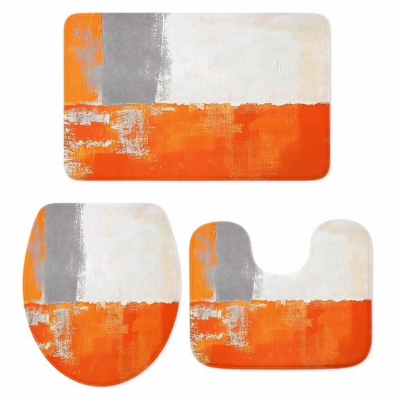 Burnt Orange Grey Bath Mat 3 Piece Bathroom Rug Set, Abstract Modern Geometric Oil Painted Non Slip Bath Rug Contour Mat and Toilet Lid Cover, Absorbent Shower Mats Soft Bath Rugs and Mats Sets