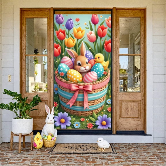 Cute Easter Banner Colorful Eggs Spring Background Floral Bunny Easter Backdrop for Easter Party Spring Celebration Family Gathering