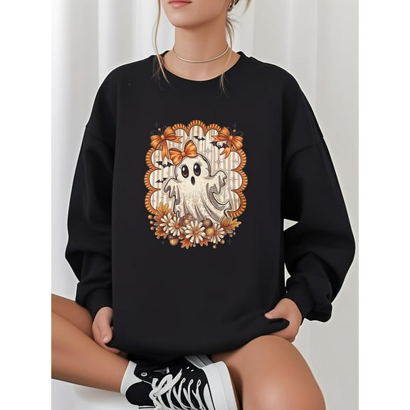 Halloween Cotton Skull Crow Graphic Sweatshirt Top Spooky Jack O Lantern Moon Design Round Neck Long Sleeve Black S-3XL