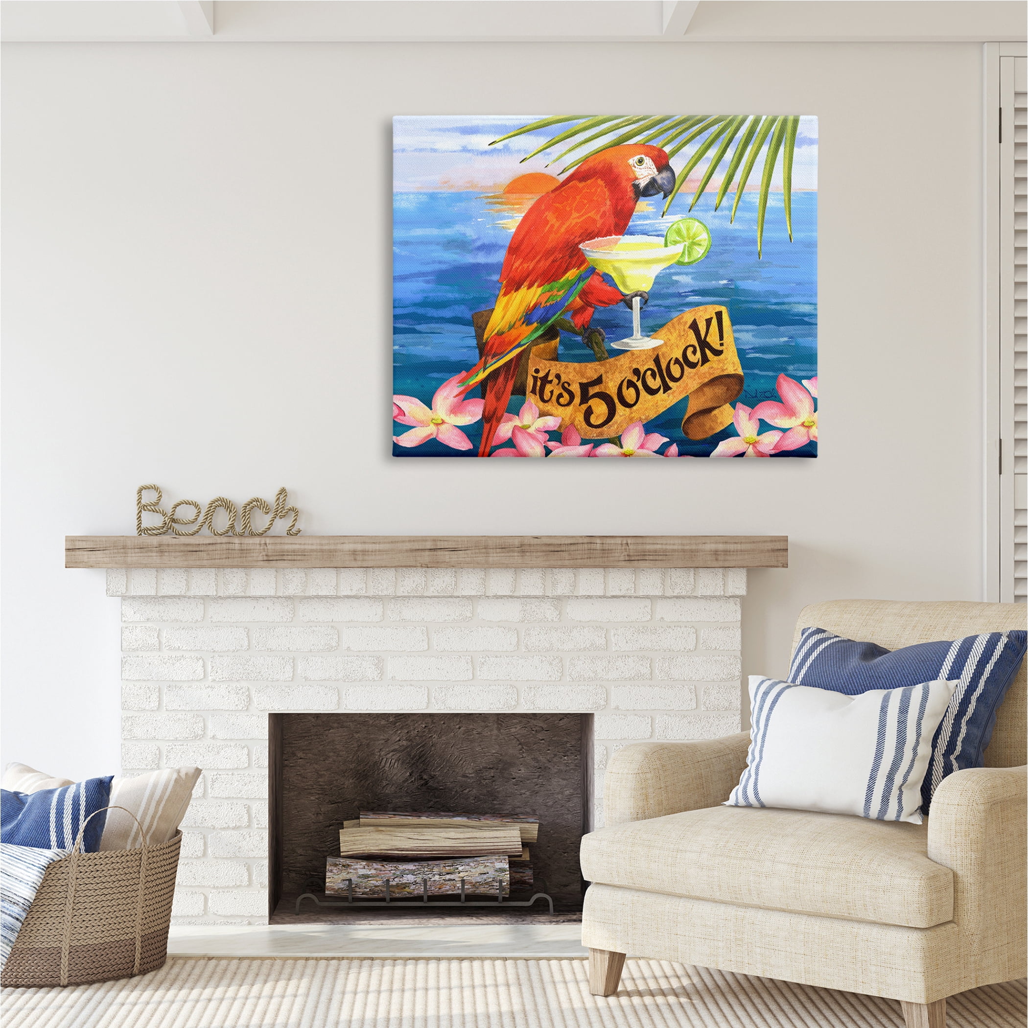 Stupell Industries Tropical Parrot with Cocktail Animals & Insects Painting Gallery Wrapped Canvas Print Wall Art, 48 x 36