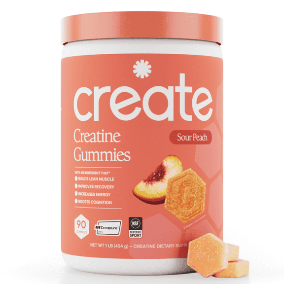 Create Creatine Monohydrate Gummies, Energy & Strength, Sour Peach, 90 Count