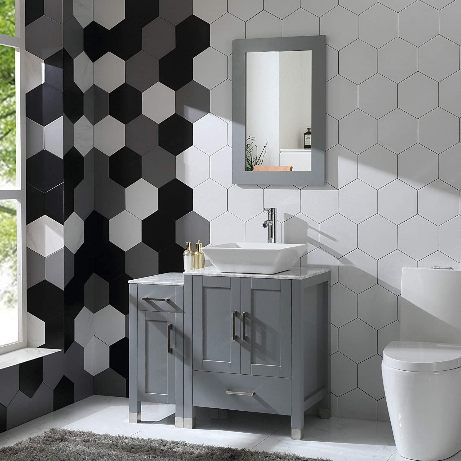 36" Bathroom Vanity Cabinet and Sink Combo Solid Wood Marble Top w/Mirror Faucet&Drain,Gray