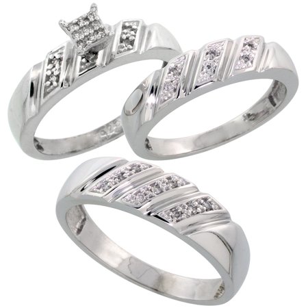 Sterling Silver Diamond Trio Wedding Ring Set His 6mm & Hers 5mm Rhodium finish, Men's Size 8 to (The Best Wedding Rings In The World)