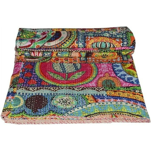 Indian Cotton Kantha Quilt King Bedspreads Throw Blanket (Multi Floral) Bohemian Bedspread , Bohemian Bedding , Handmade Kantha Quilt , King Size Kantha Quilt , Bed Cover