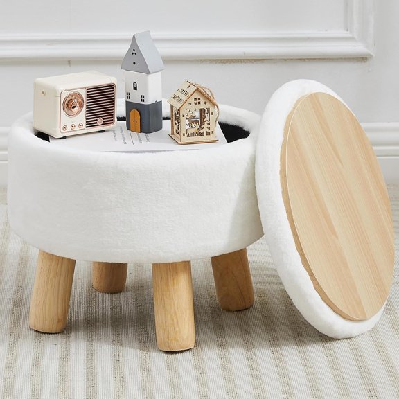 Small Foot Stool Ottoman with Storage, Soft Faux Fur Ottoman Foot Rest for Couch, Round Footstool with Storage, Small Ottomans and Footstools for Living Room and Entryway