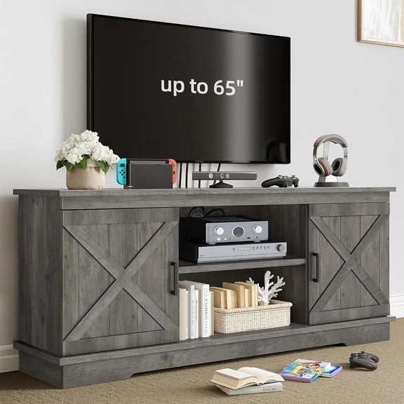 Farmhouse TV Stand for 65 Inch TV, Mid Century Modern Entertainment Center with Double Barn Doors, Rustic TV Media Console TV Cabinet for Living Room, Rustic Grey