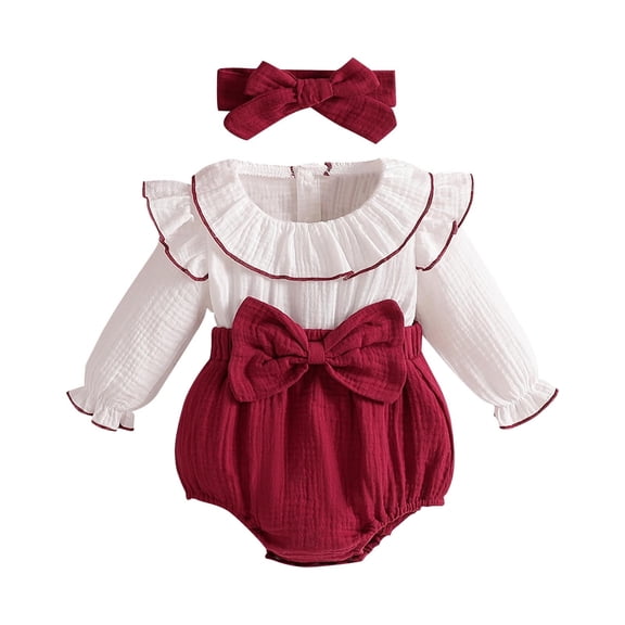 Eygvbb Baby Bodysuit Infant Romper Matching Headband Girls Romper Coverall Long Sleeve Crew Neck Ruffle Color Block Bow 2 Piece Outfit for 1-18 Months Girls Party Daily Wear