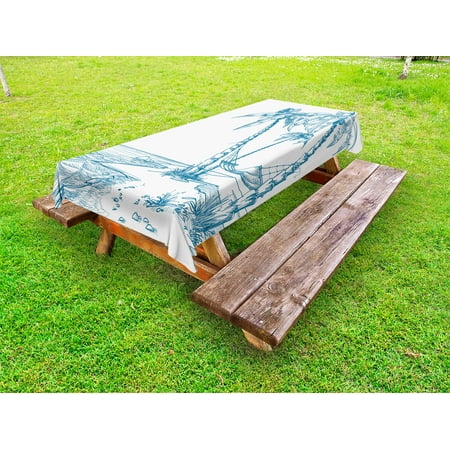 Hammock Table Beach Outdoor Tablecloth, Modern Illustration of a Tropical Beach with Palm Trees and Hammock Hawaiian Relax, Decorative Washable Fabric Picnic Table Cloth, 58 X 84 Inches,Blue White, by Ambesonne ()