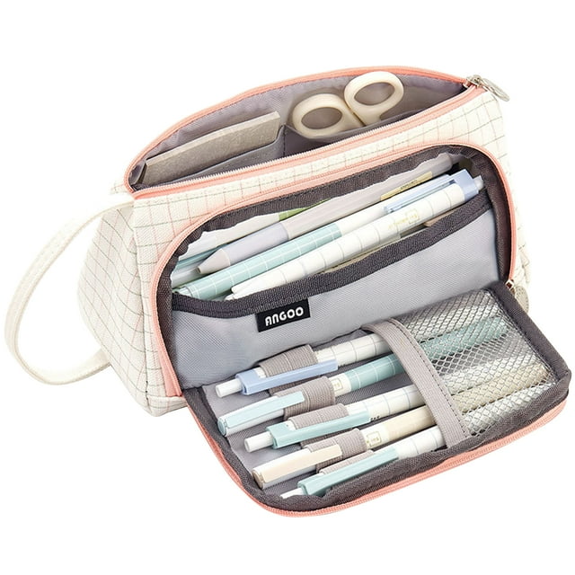 Cute Pencil Box Bag Big Storage Canvas Pencil Case with Pen Slot Mesh Pocket Stationery