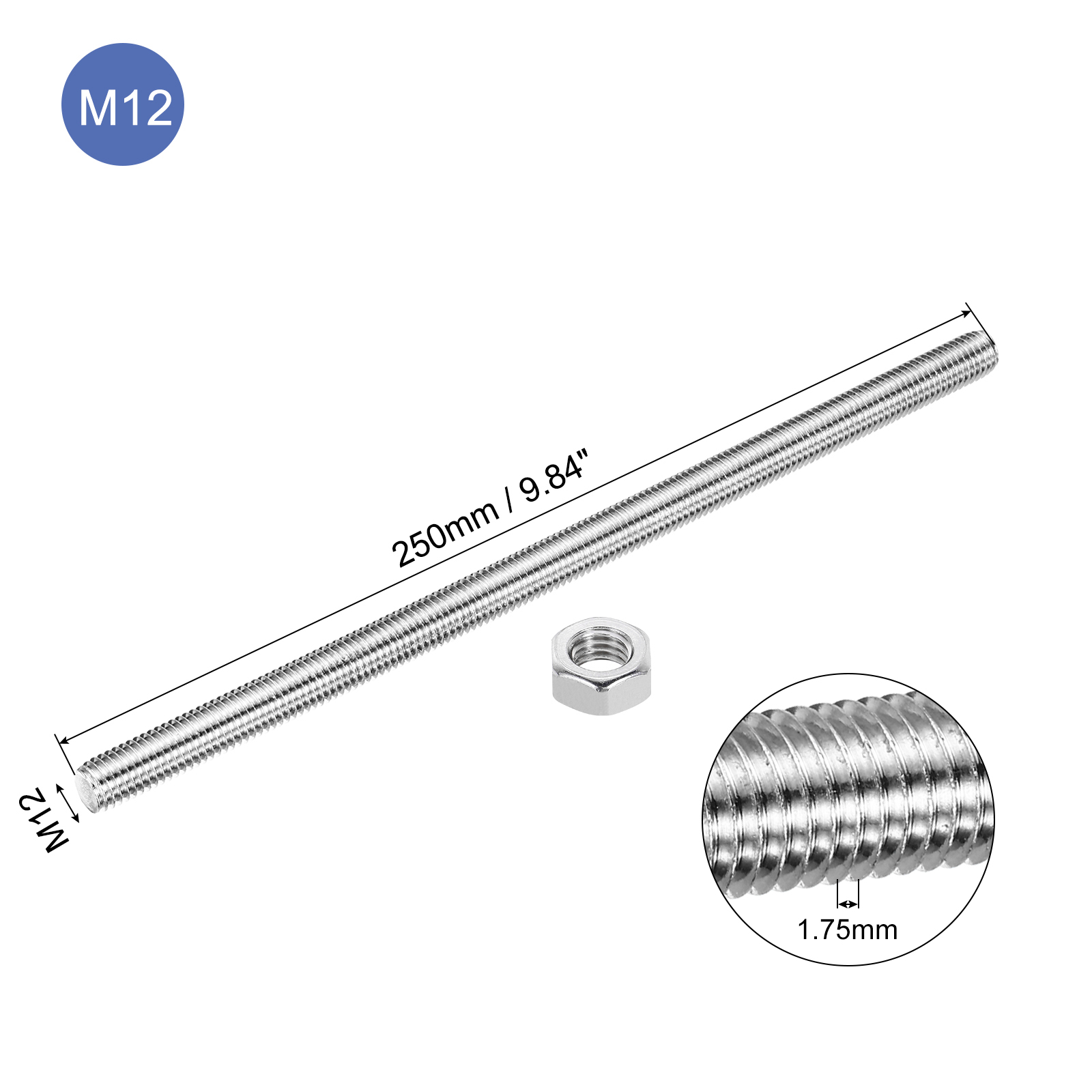 Uxcell 2Pack M12 x 250mm Fully Threaded Rod with 4 Pack Hex Nuts and 1.25mm Thread Pitch