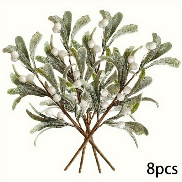 LEEYNEER 8 Pcs Pics Artificiels Blancs en Gui Givré Fausses Branches de Gui avec Baies Verdure Tiges Florales pour Arbre de Noël Bricolage Couronne Artisanat Fête de Vacances Vase Décoration Maison