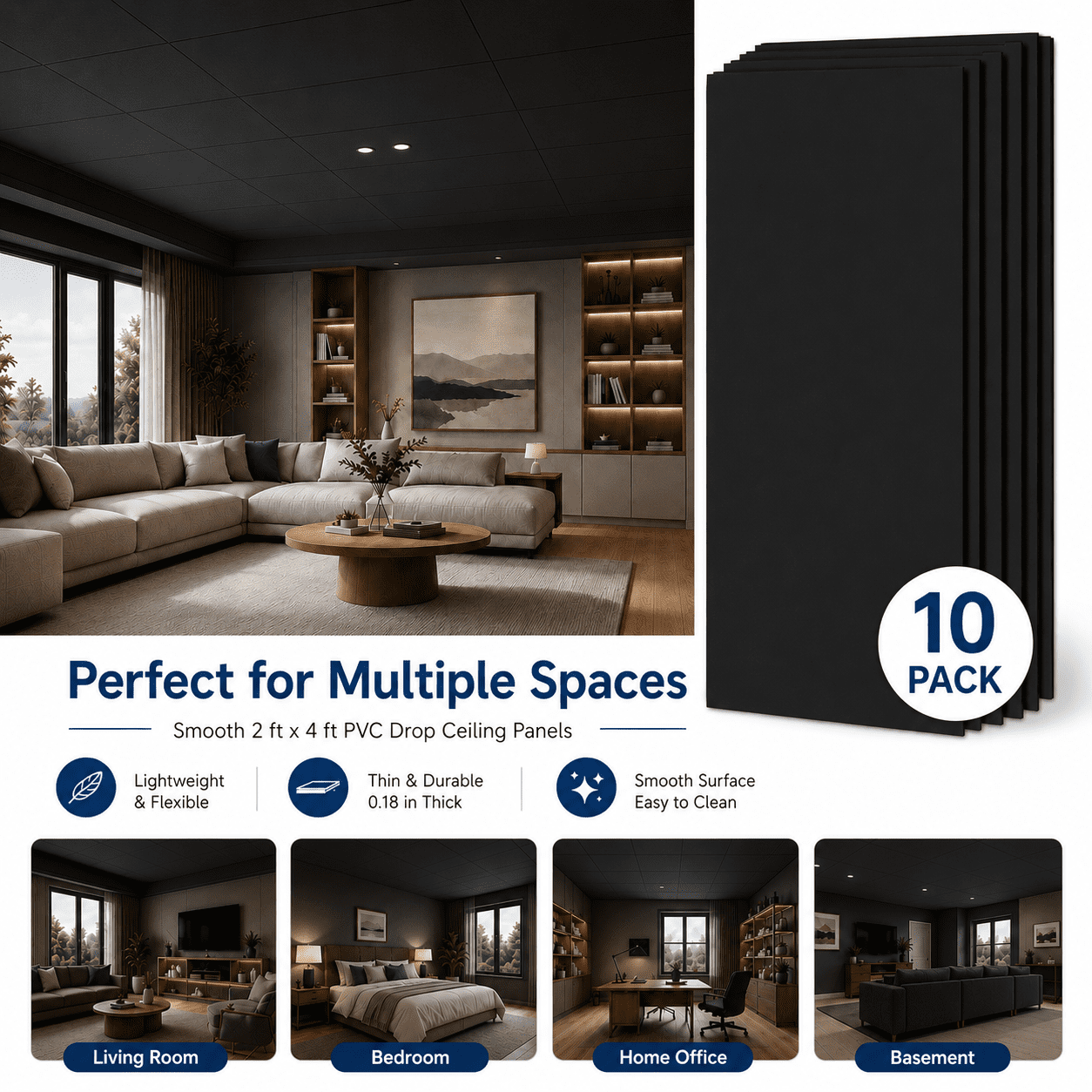 Yeslife 10-pack Smooth Drop Ceiling Panels, 2ft x 4ft black premium pvc, fire-rated waterproof reusable, anti-sag anti-break design, covers 80 sq ft for basement home office indoor decor
