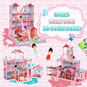 JoyStone Play Dollhouse with Doll Toy Figures, 14 Rooms Furniture and Colorful Lights, Creative Doll House Gift for Girls Ages 3+, Assemble Required, Pink