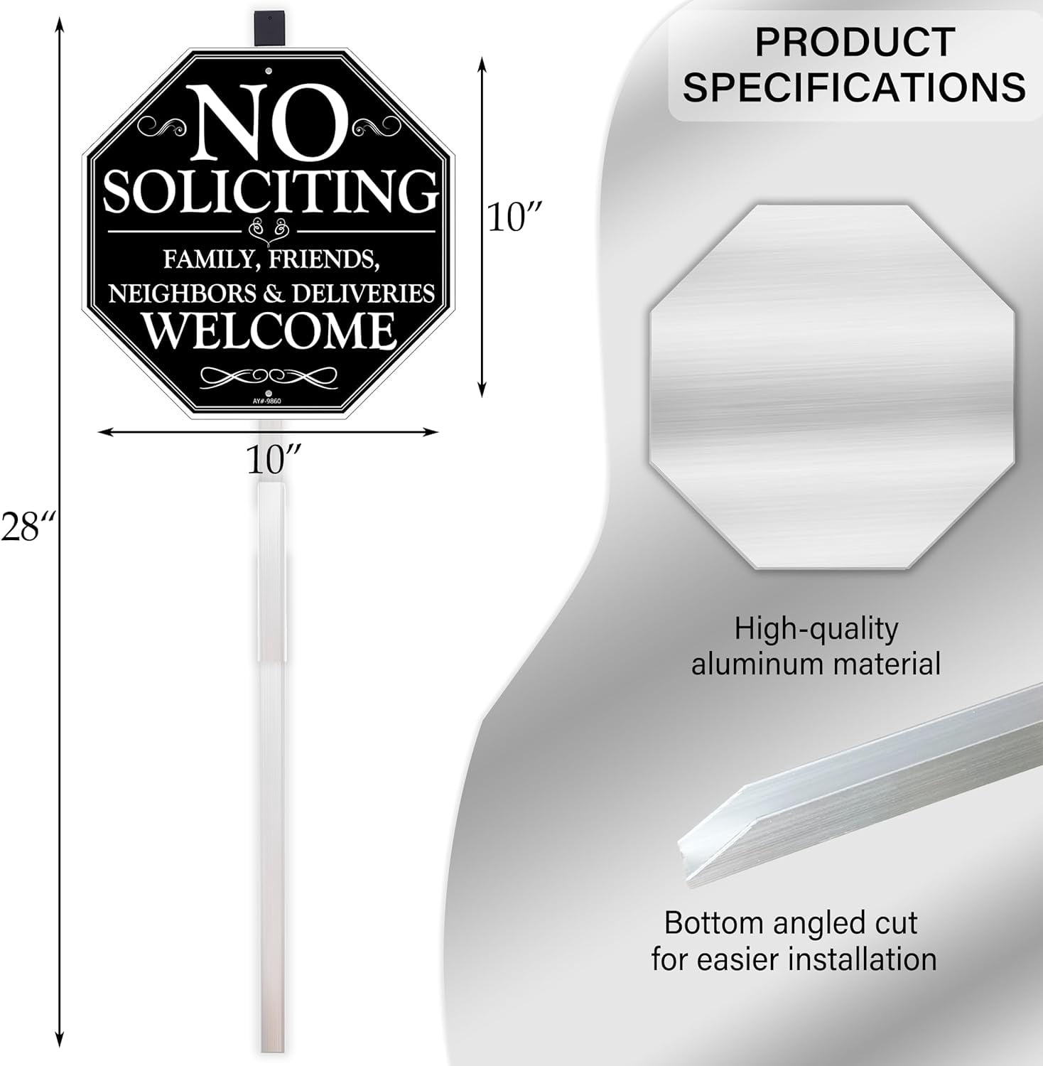 No Soliciting Sign for House, 10" x 28" No Solicitors Sign with Stake - Home Yard Decor, Metal Aluminum, Easy Install (No Soliciting, Friends Welcome)