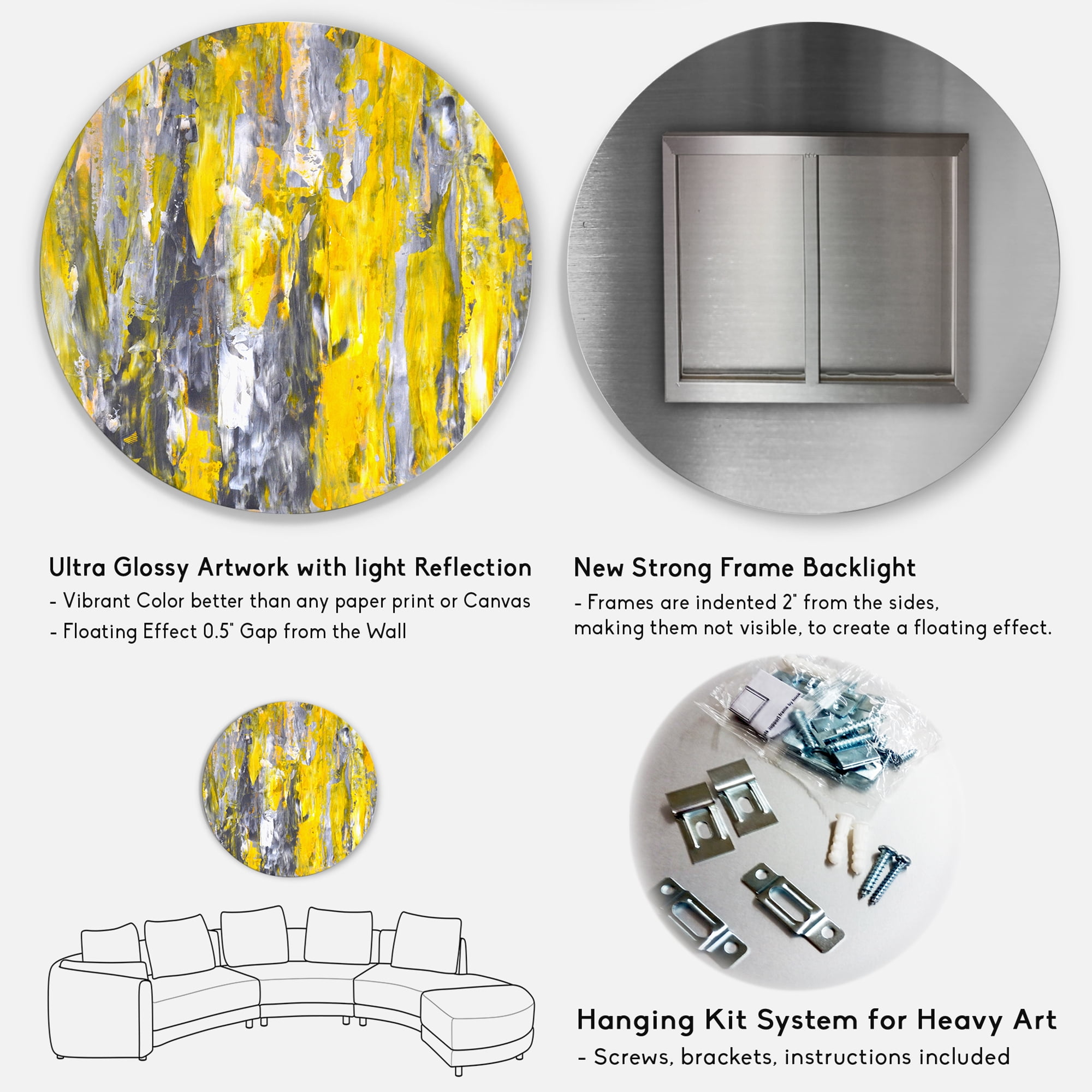 Designart Grey and Yellow Abstract Pattern' Abstract Circle Metal Wall Art
