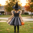 thumbnail image 7 of Girls Halloween Mesh Dress Costume Set With Matching Witch Hat, Two-Piece Outfit For Dance Recitals, Stage Performances, Dress-Up Parties, School Events And Themed Photo Sessions, 7 of 7