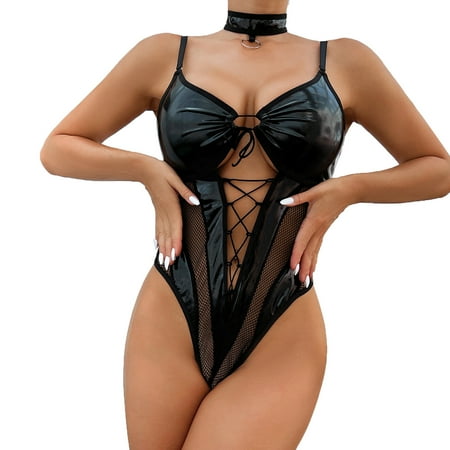 

NECHOLOGY Rhinestone Body Stockings for Women Ladies Black Mesh Leather Splicing Ladies Corset Lingerie Underwear Black Small