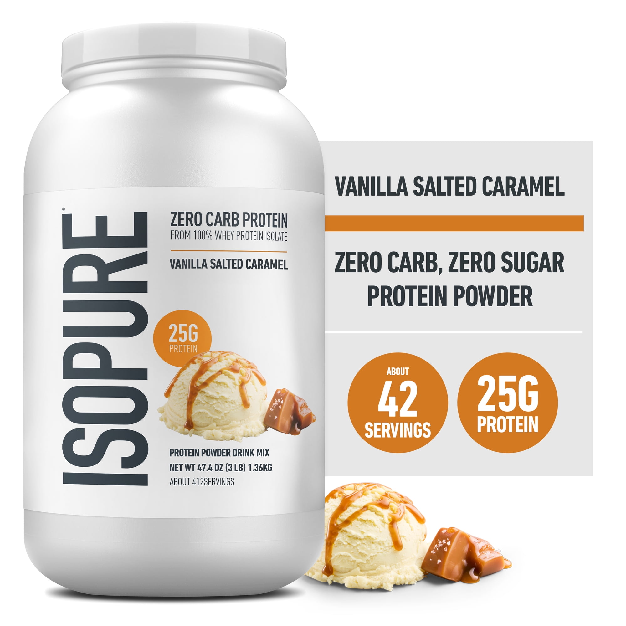 Isopure Zero Carb, Vitamin C and Zinc for Immune Support, 25g Protein, Keto Friendly Protein Powder, 100% Whey Protein Isolate, Flavor: Vanilla Salted Caramel, 3 Pounds (Packaging May Vary)