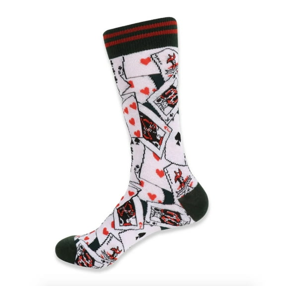 Urban-Peacock Men's Novelty Fun Crew Socks for Dress or Casual - Playing Cards - White with Green