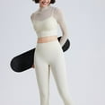 thumbnail image 3 of Sevpuikl Women's Long Sleeves Sheer Mesh Mock Neck with Built-in Bra Crop Top Slim Fit Solid Color Yoga Fitness(Beige,L), 3 of 5