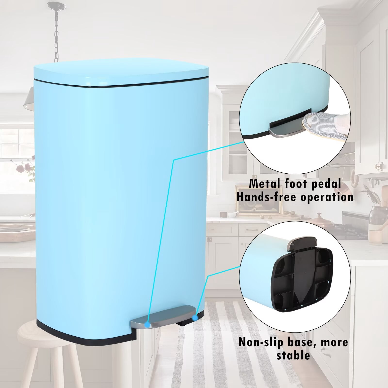 YRLLENSDAN 50 Liter/13 Gallon Stainless Steel Trash Can, Garbage Can with Lid and Removable Inner Bucket, Fingerprint Proof Trash Bin for Bathroom Kitchen Bedroom Office, Blue