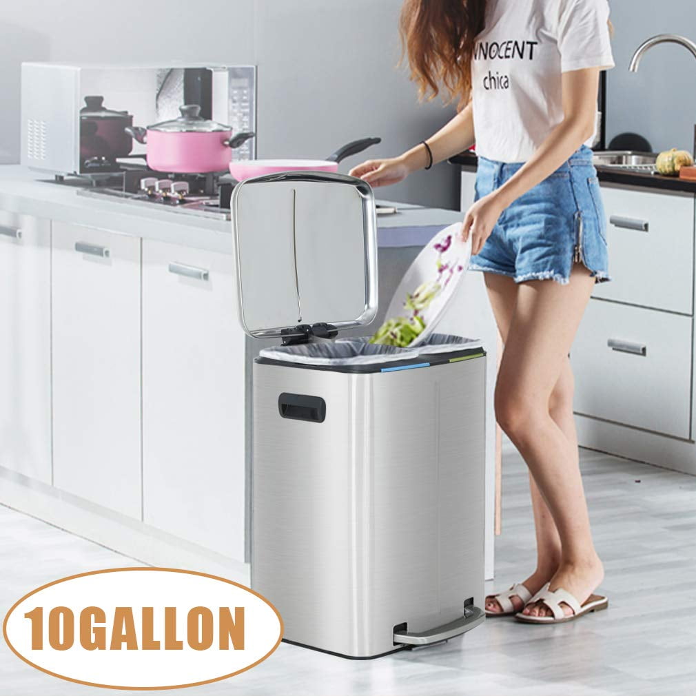 FDW Kitchen Stainless Steel Trash Can  with Lid for Office Bedroom Bathroom10 Gallon/ 40L