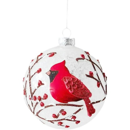 RAZ Imports Snowy Red Cardinal & Branches Glass Ball Christmas Tree Ornament 5 Inches