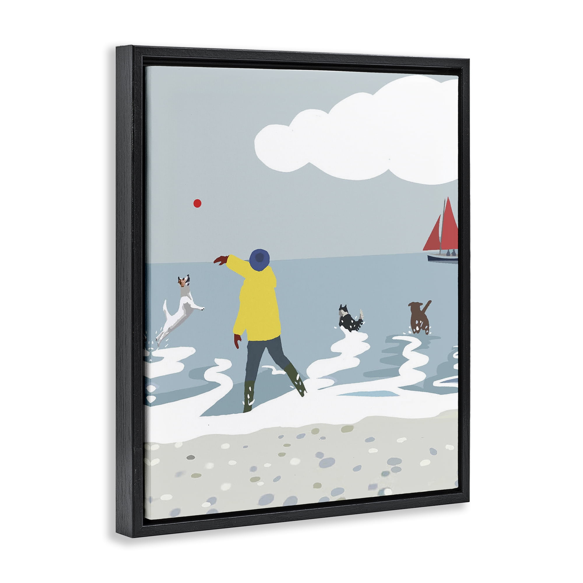 Stupell Industries Catching Ball on Beach Nautical & Beach Painting Black Floater Framed Canvas Art Print Wall Art, 25 x 31