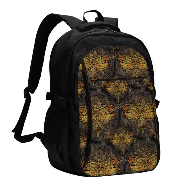 Balery Gold Dragonfly Mandala Mochila con carga USB para hombre y mujer - Mochila impermeable y antirrobo para portátil con puerto USB para viajes, trabajo, estudios y universidad