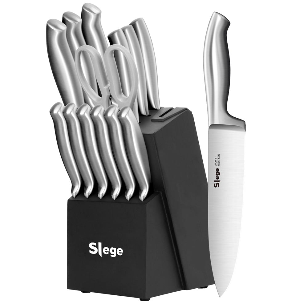 Slege 15 Pcs Rust Proof Kitchen Knife Set with Block and Sharpener