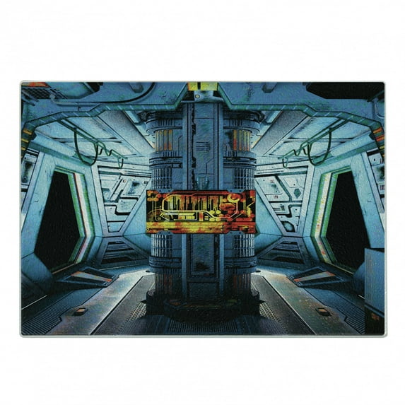 Outer Space Cutting Board, Space Ship Station Base Control Room Technology Elements Features Image, Decorative Tempered Glass Cutting and Serving Board, Small Size, Blue Black Orange, by Ambesonne