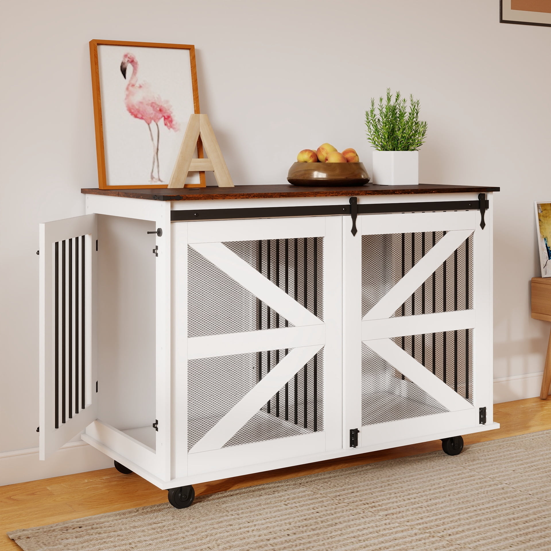 47.2" Mobile Dog Crate with Flip-Top Feeding Door, Dual-Access & 5 Caster System (2 Locking), Side Hooks