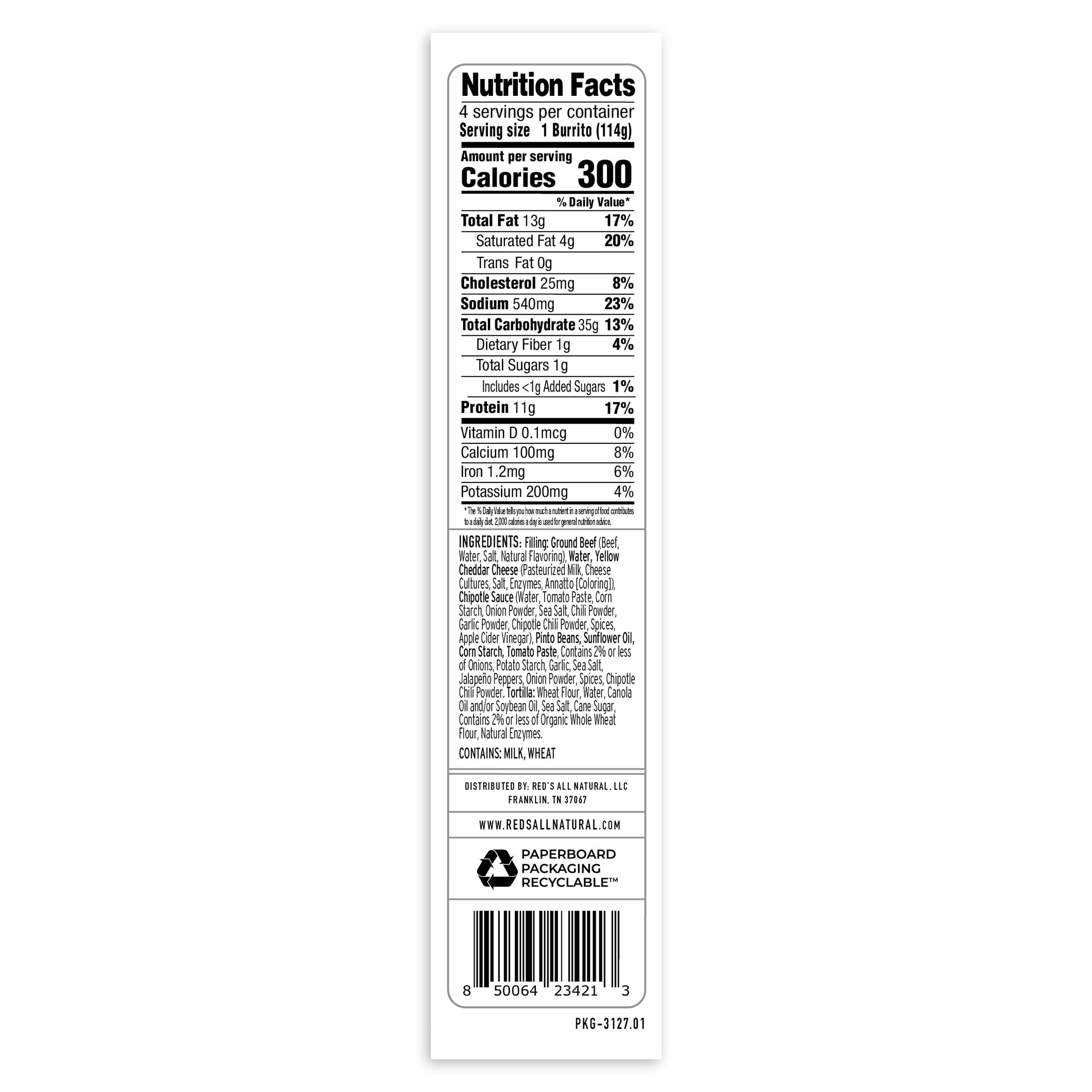 Red's Cheesy Beef and Bean Burrito, 16 oz, 4 Count (Frozen)